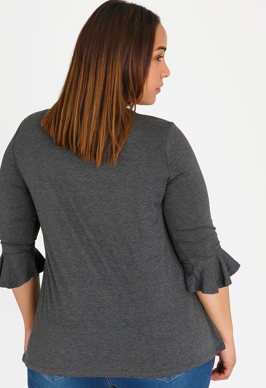 edit Plus - 3/4 Sleeve Frill T-Shirt Dark Grey