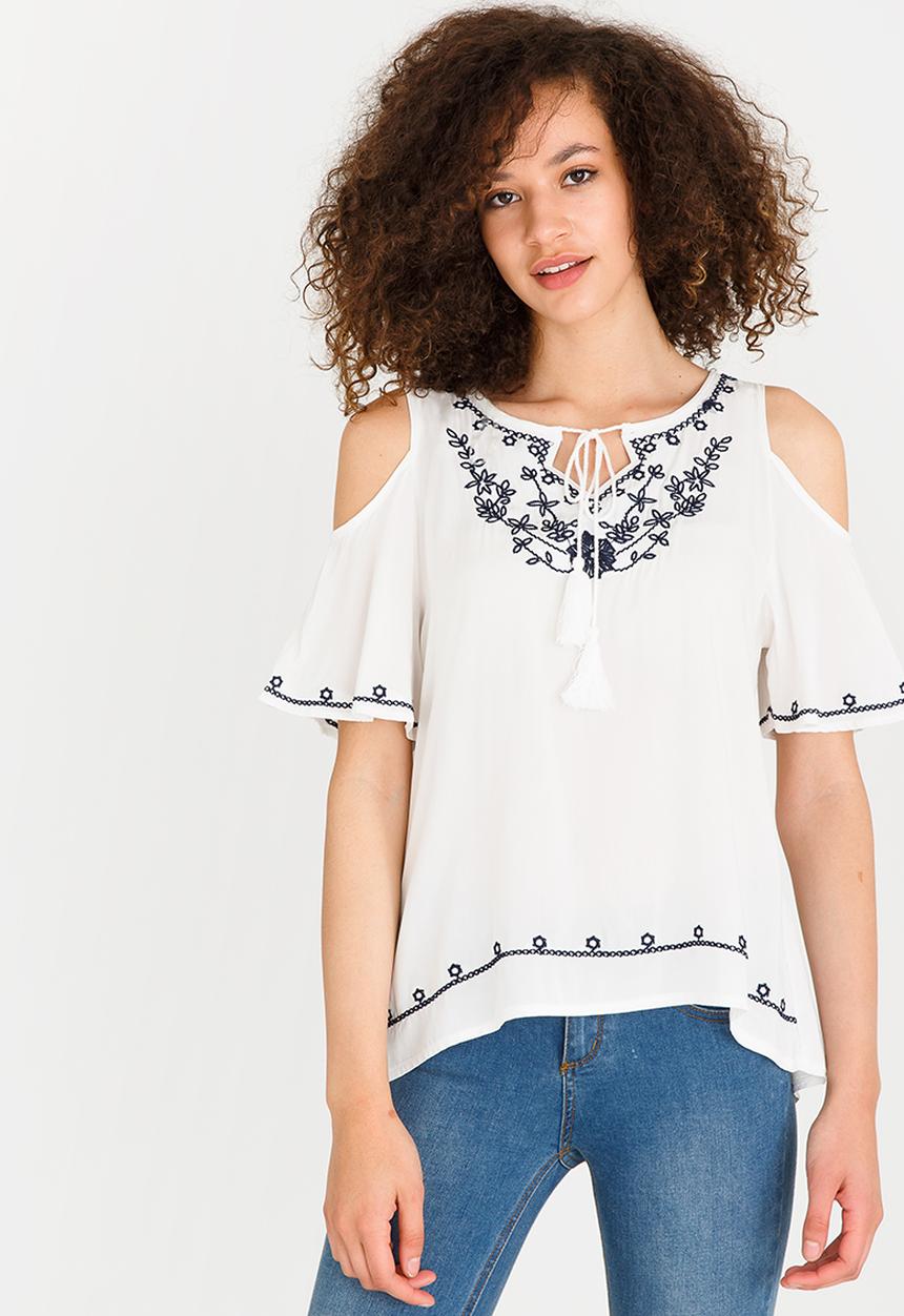 Revenge - Embroidered Cold-shoulder Blouse Cream