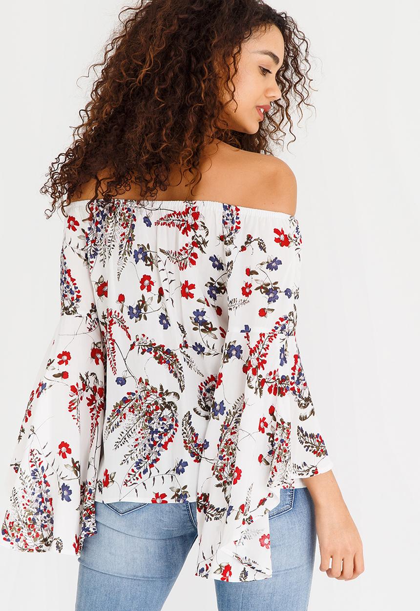 Revenge - Patterned Blouse with Ruffle Sleeve Detail White