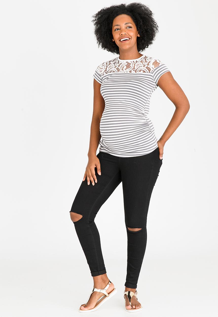 edit Maternity - Lace Inset Stripe T-shirt Grey Melange