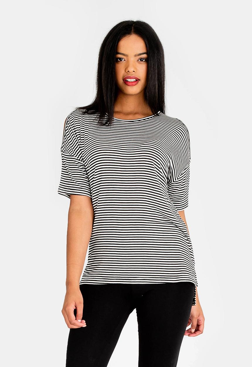 edit - Cold shoulder stripe tee - black & white 