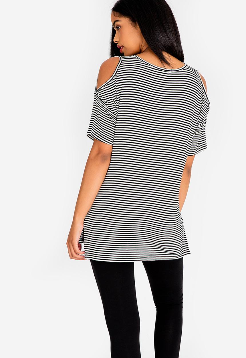edit - Cold shoulder stripe tee - black & white 