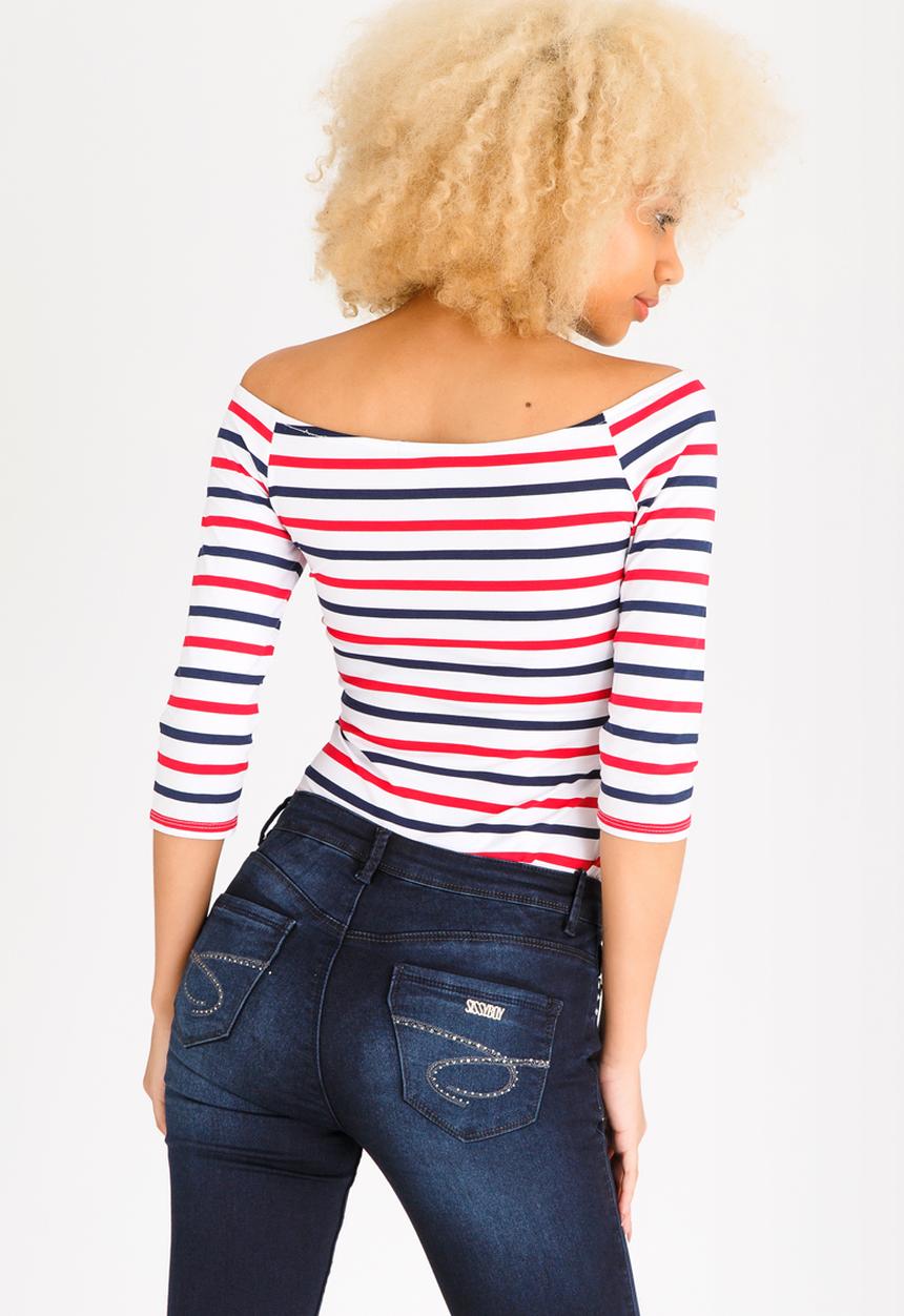 SISSY BOY - Edina Striped Bardot Top Navy & White