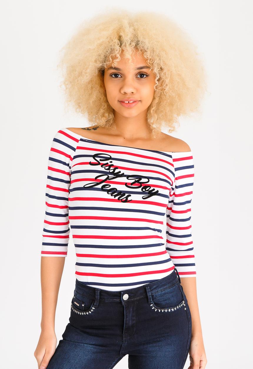 SISSY BOY - Edina Striped Bardot Top Navy & White