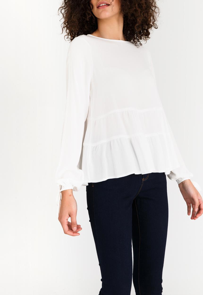 edit - Long-sleeve Tiered Blouse with Tie Detail Cream