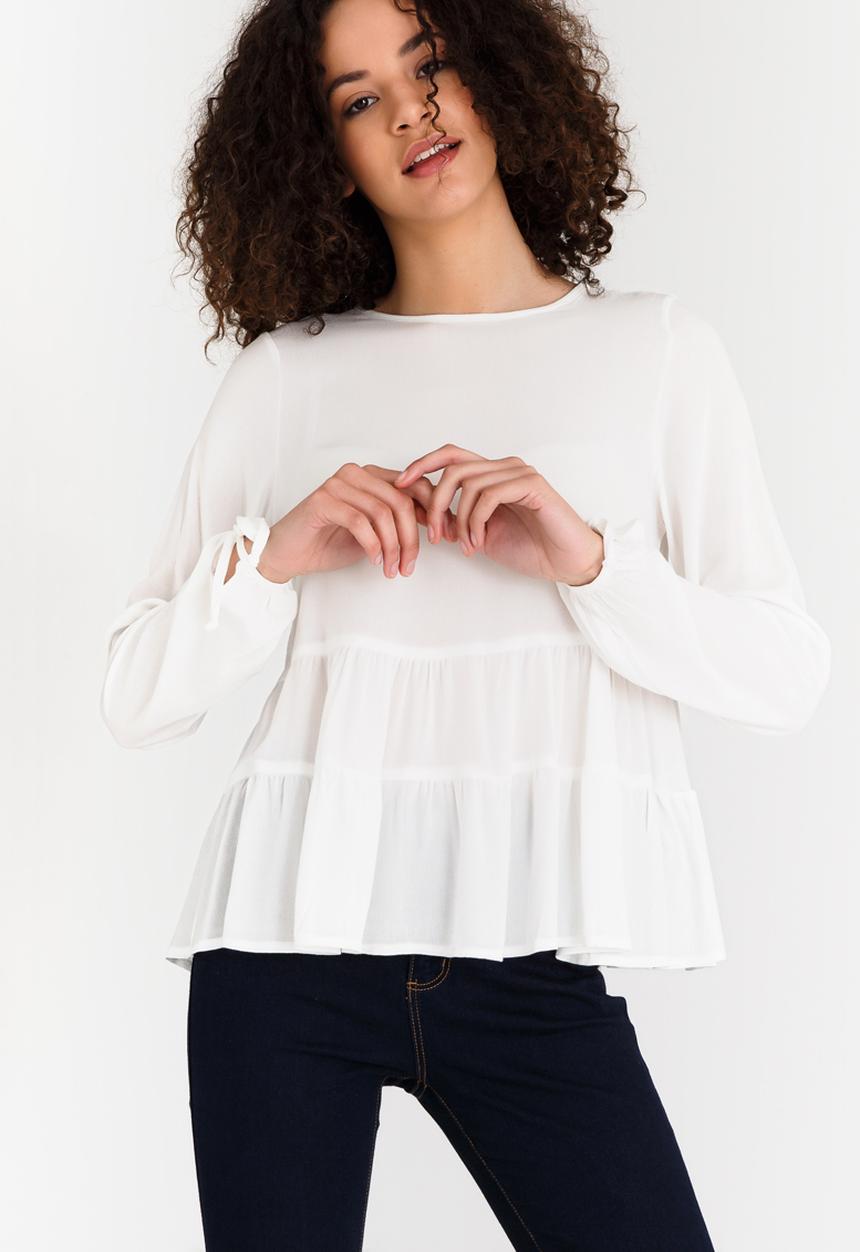 edit - Long-sleeve Tiered Blouse with Tie Detail Cream