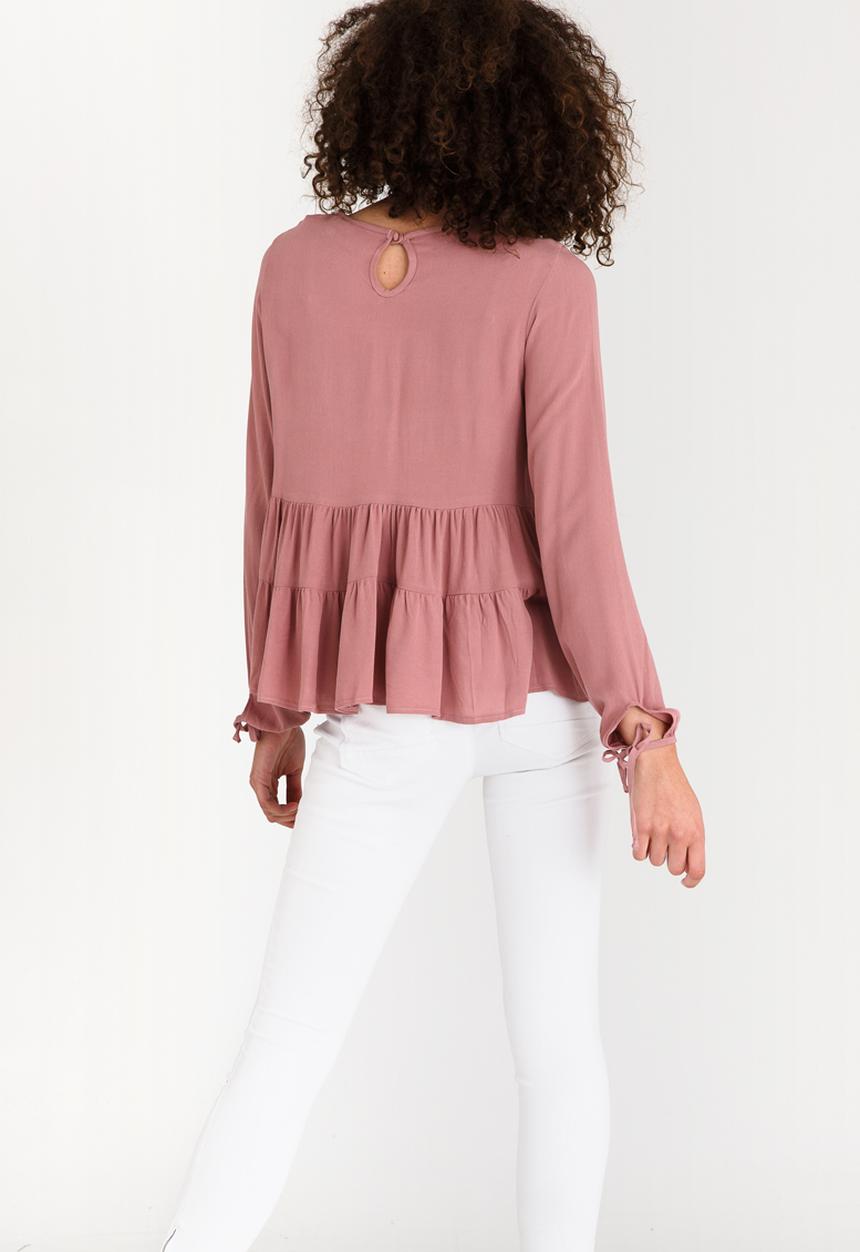 edit - Long-sleeve Tiered Blouse with Tie Detail Mid Pink