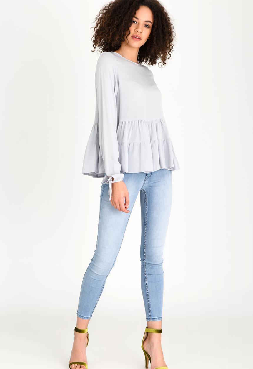 edit - Long-sleeve Tiered Blouse with Tie Detail Grey