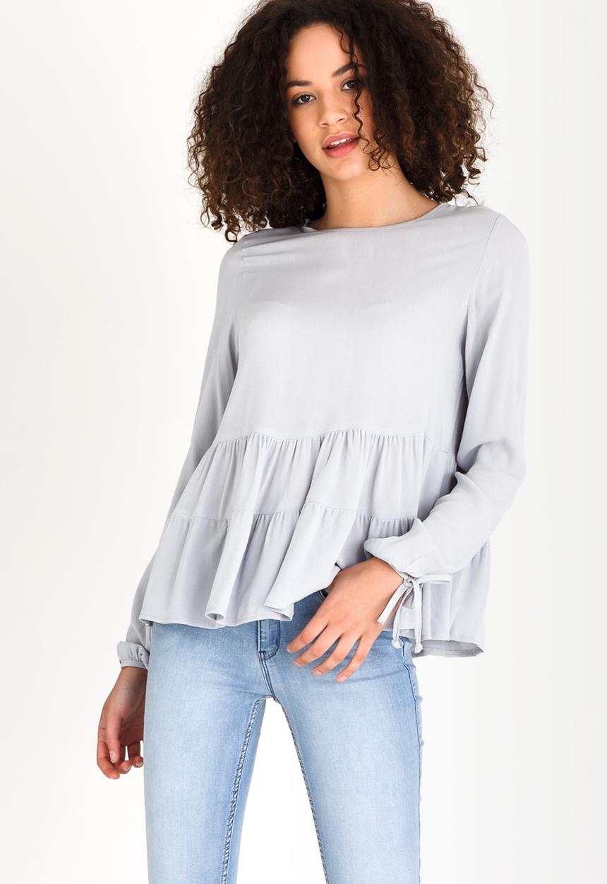edit - Long-sleeve Tiered Blouse with Tie Detail Grey