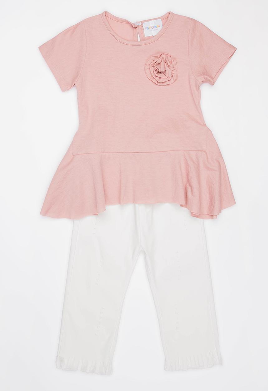 Pop Candy - Blouse with 3/4 pant set - pink & white 