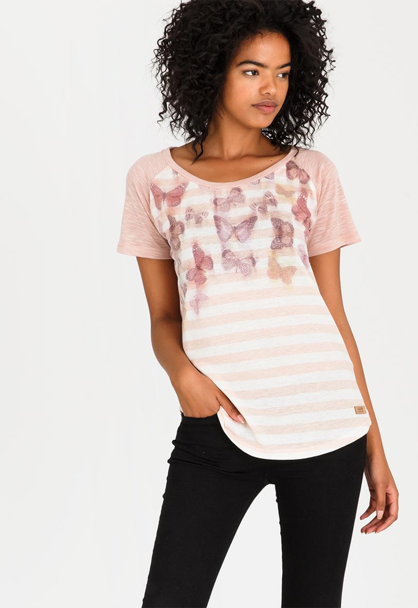 JEEP - Butterfly Printed Striped Tee Peach