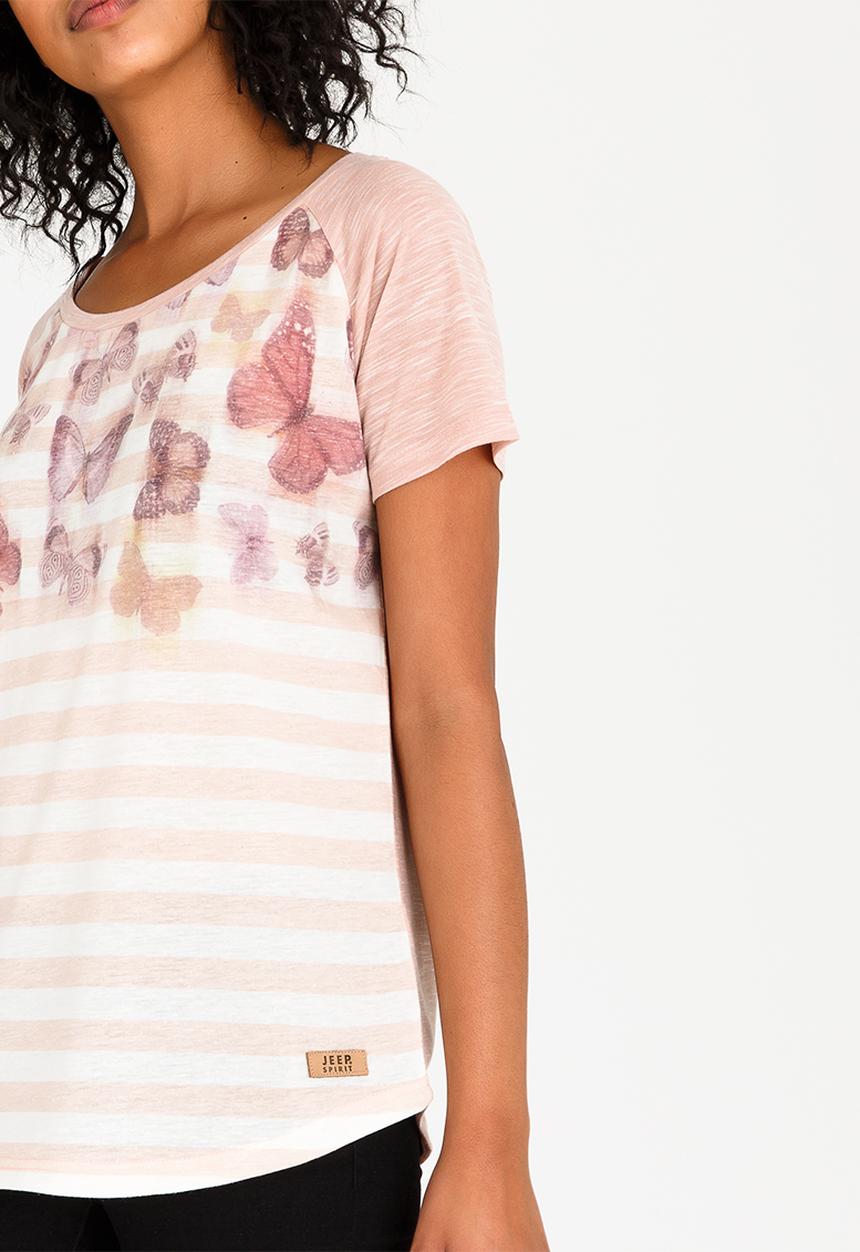 JEEP - Butterfly Printed Striped Tee Peach