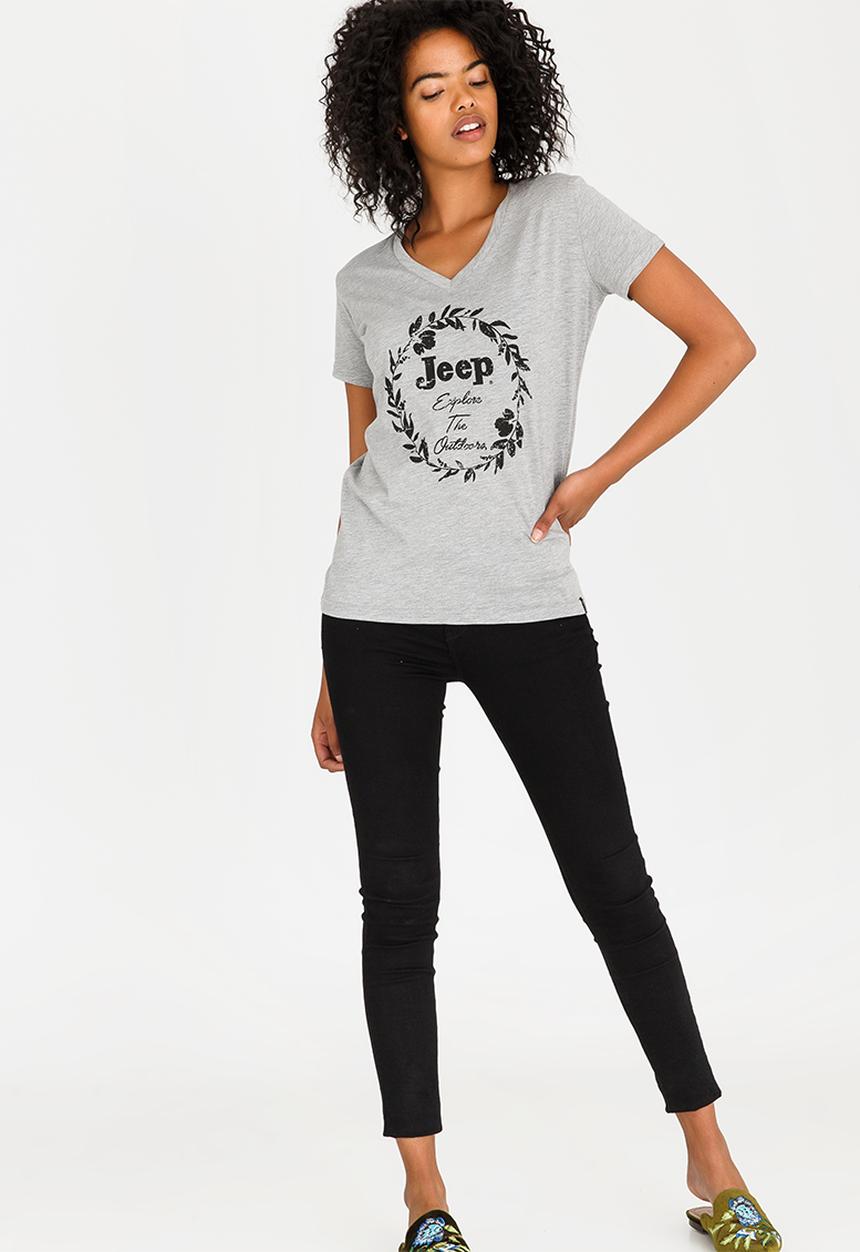 JEEP - Explore Printed V-neck Tee Grey Melange
