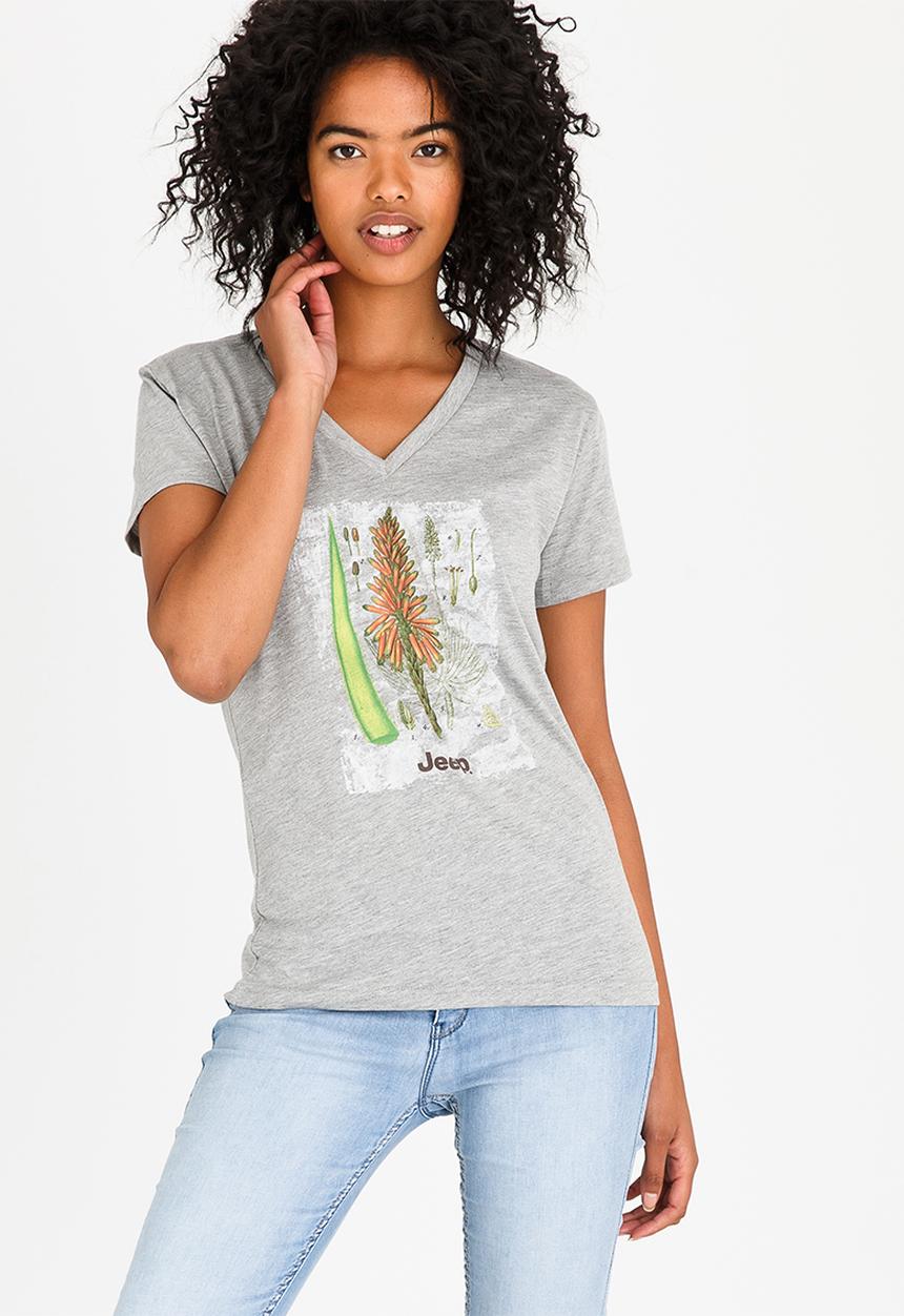JEEP - Botanical Printed V-neck Tee Grey Melange