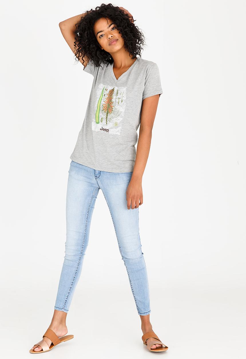 JEEP - Botanical Printed V-neck Tee Grey Melange