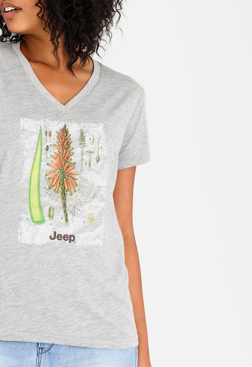 JEEP - Botanical Printed V-neck Tee Grey Melange