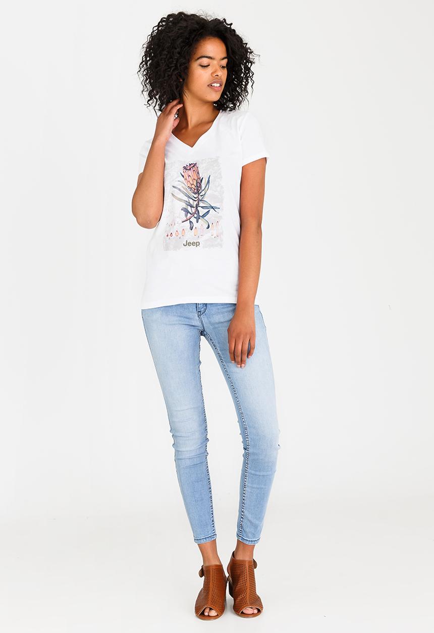 JEEP - Botanical Printed V-neck Tee White