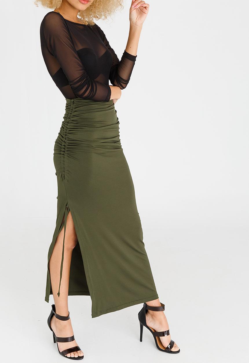 c(inch) - Ruched Maxi Skirt Dark Green