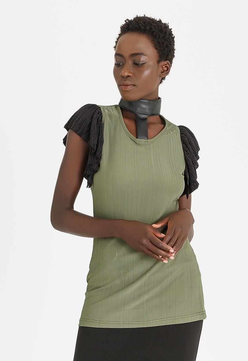 Sober - Cleaona Ruffle Sleeve Top Khaki Green