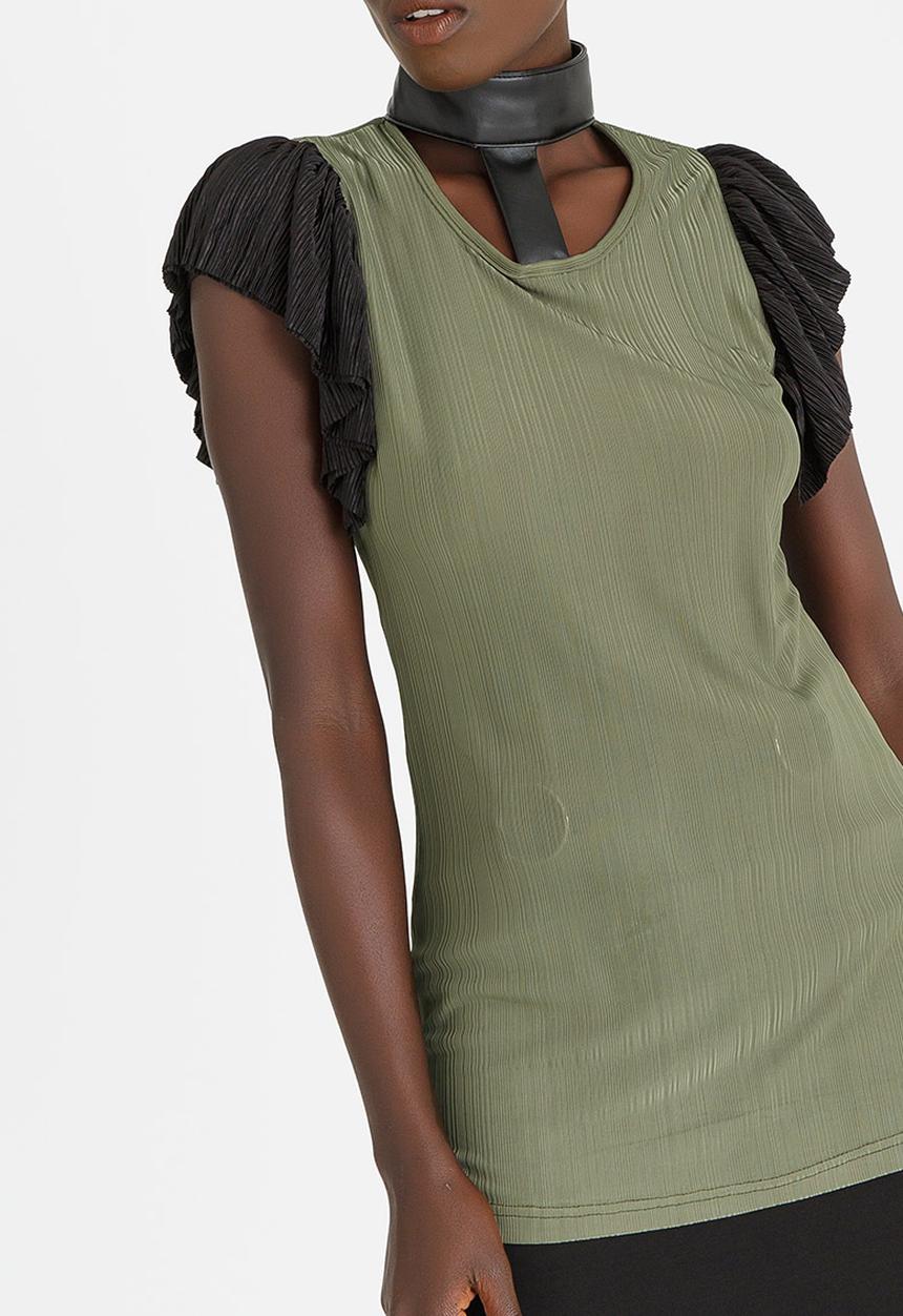 Sober - Cleaona Ruffle Sleeve Top Khaki Green