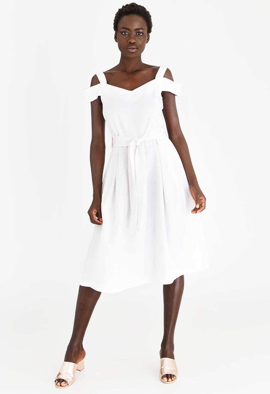 edit - Linen Blend Cold Shoulder Fit and Flare Dress White