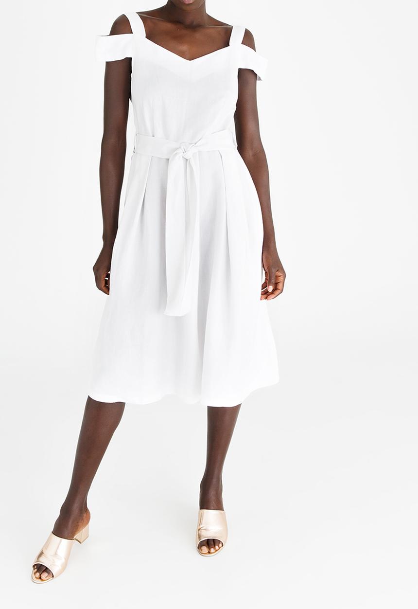 edit - Linen Blend Cold Shoulder Fit and Flare Dress White