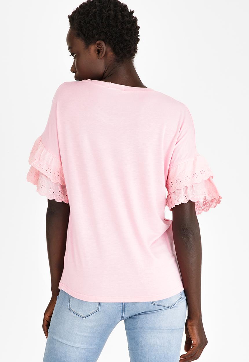 edit - T-shirt with Frilly Lace Sleeves Mid Pink