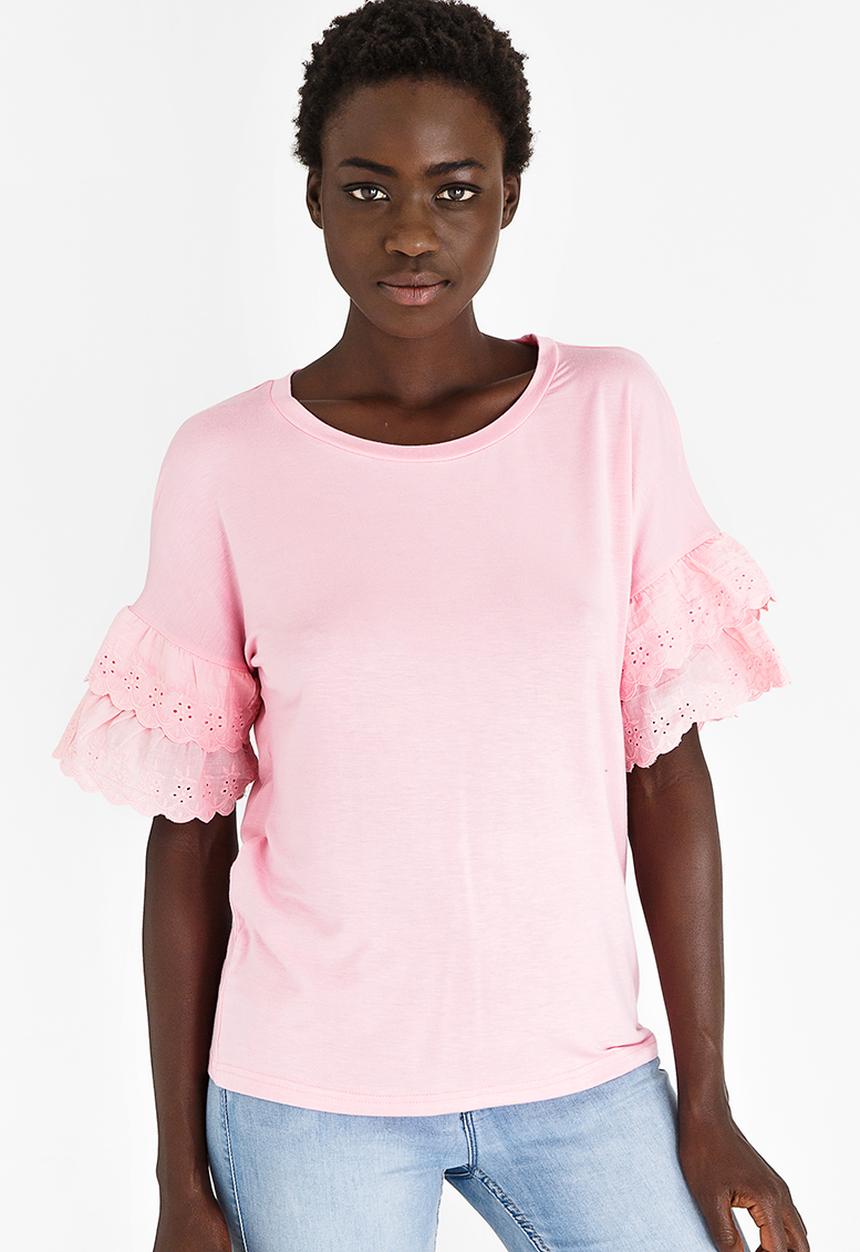 edit - T-shirt with Frilly Lace Sleeves Mid Pink