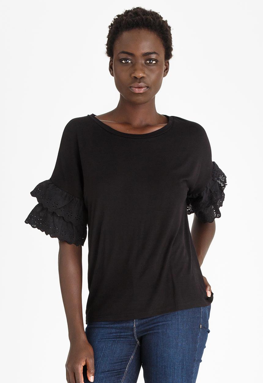 edit - T-shirt with Frilly Lace Sleeves Black
