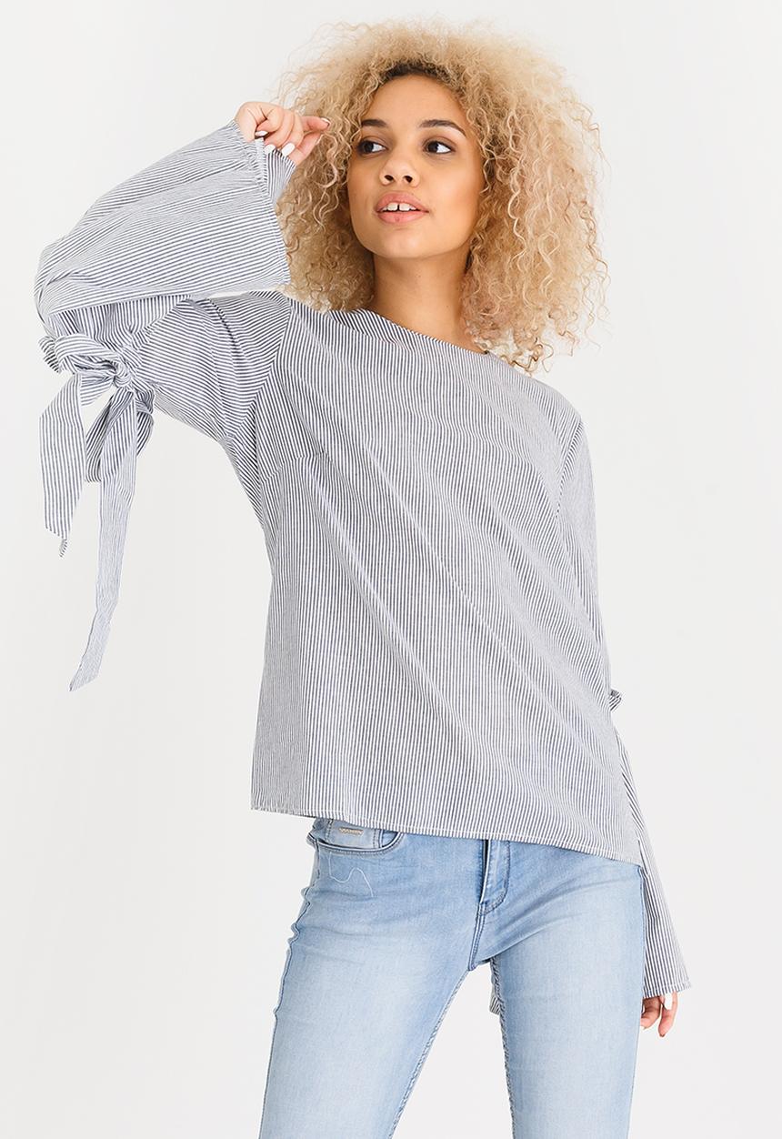 STYLE REPUBLIC - Striped Tie Detail Sleeve Blouse Blue and White