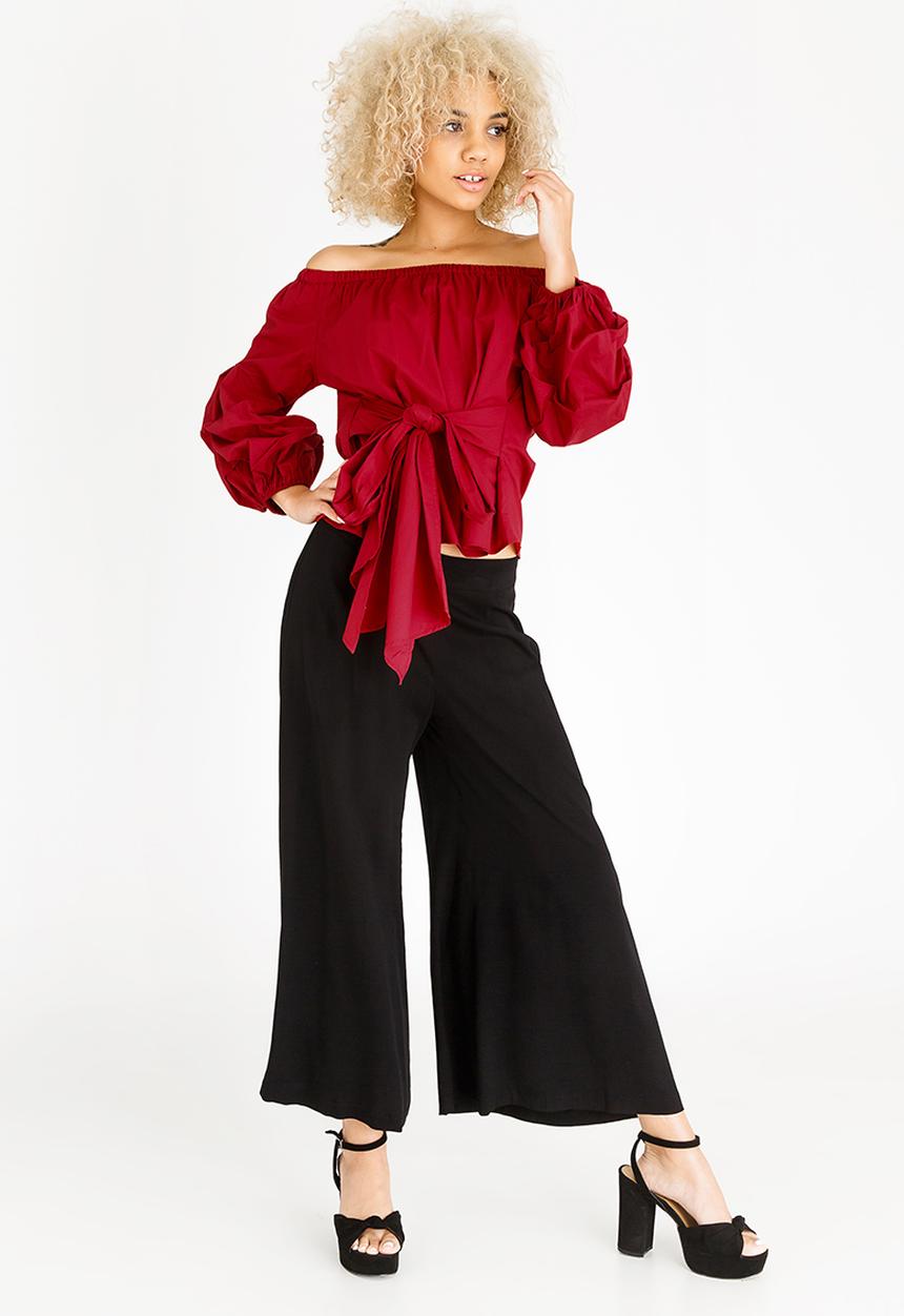 STYLE REPUBLIC - Ruched Sleeve Bardot Blouse Dark Red
