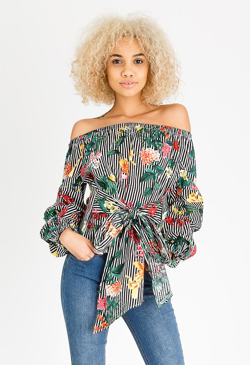 STYLE REPUBLIC - Ruched Sleeve Striped Bardot Blouse Black and White
