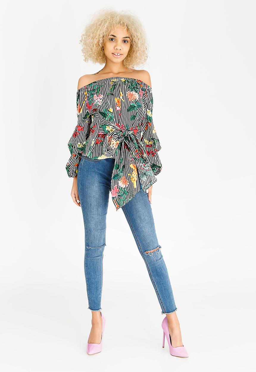 STYLE REPUBLIC - Ruched Sleeve Striped Bardot Blouse Black and White