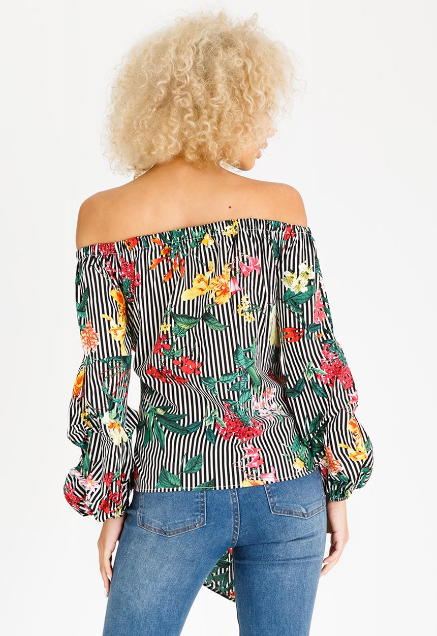 STYLE REPUBLIC - Ruched Sleeve Striped Bardot Blouse Black and White