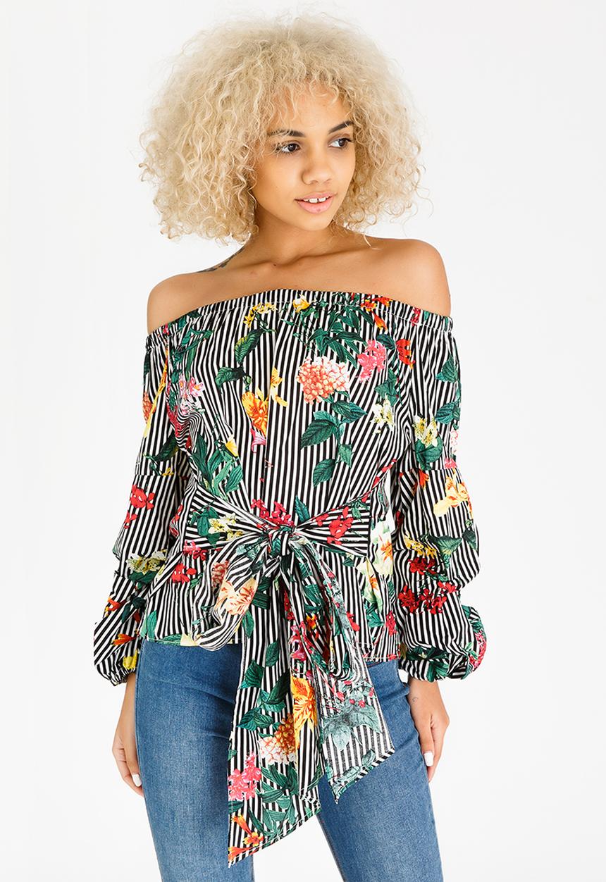 STYLE REPUBLIC - Ruched Sleeve Striped Bardot Blouse Black and White