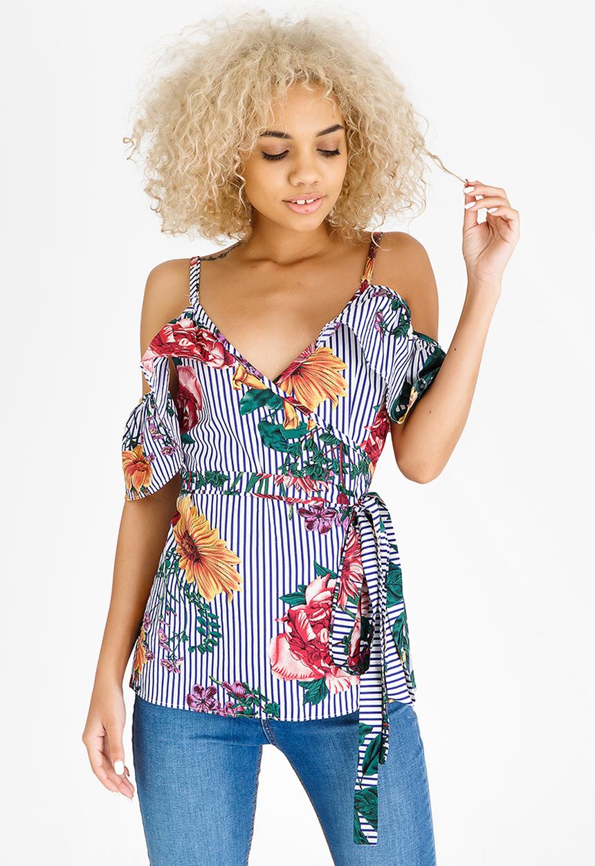 STYLE REPUBLIC - Cold Shoulder Wrap Blouse Multi-colour