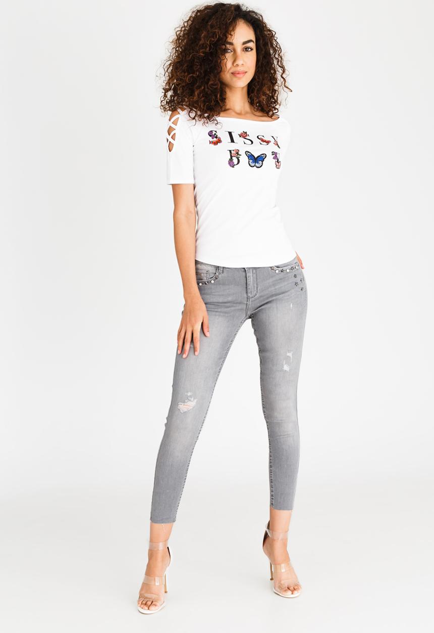 SISSY BOY - Bardot Lace-up Top White