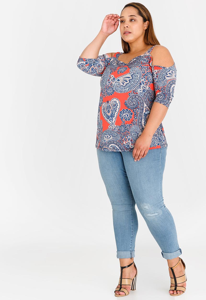 edit Plus - Broad Strap Cold Shoulder Tshirt Multi-colour