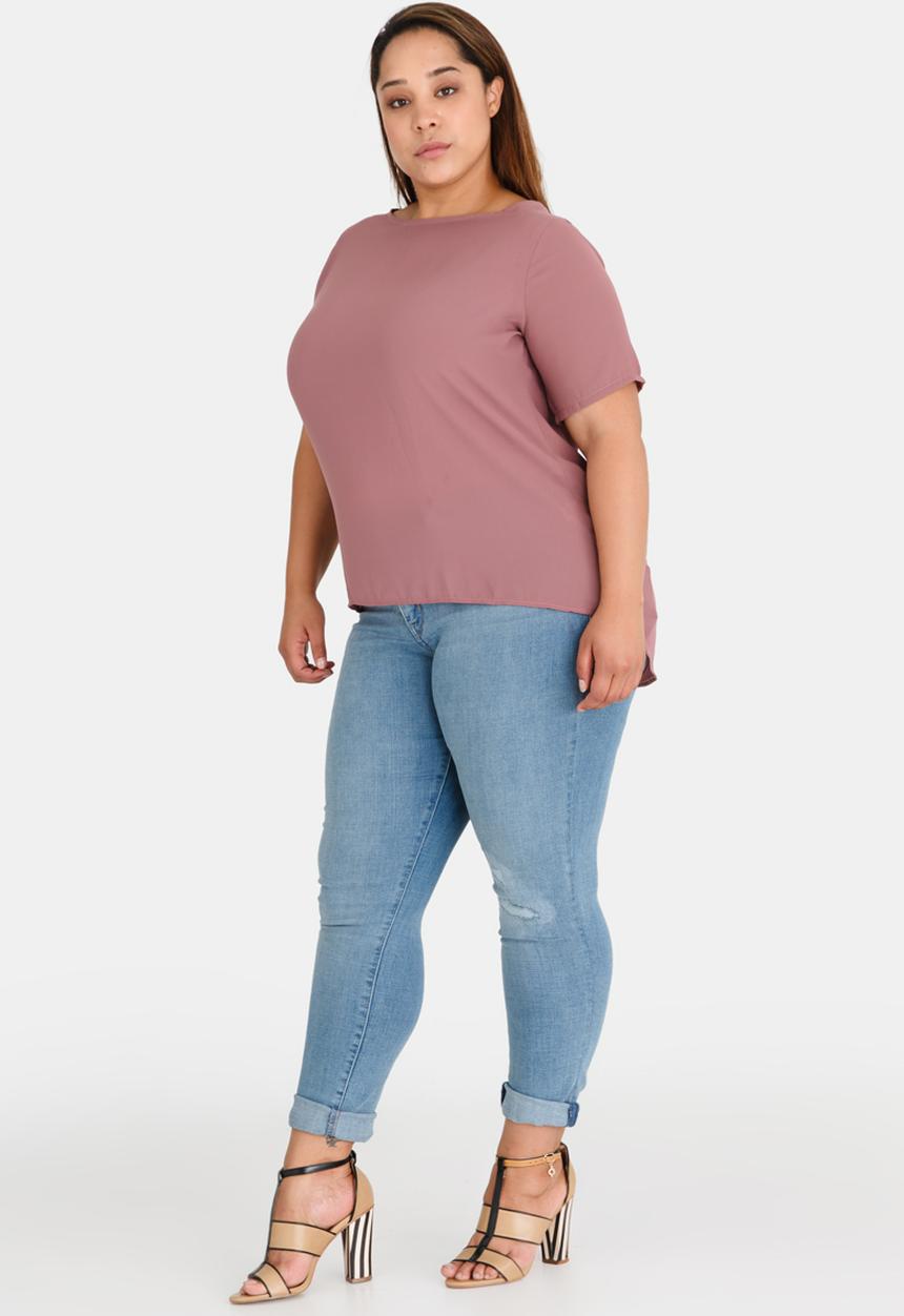 edit Plus - V-neck Back Woven Tee Mid Pink