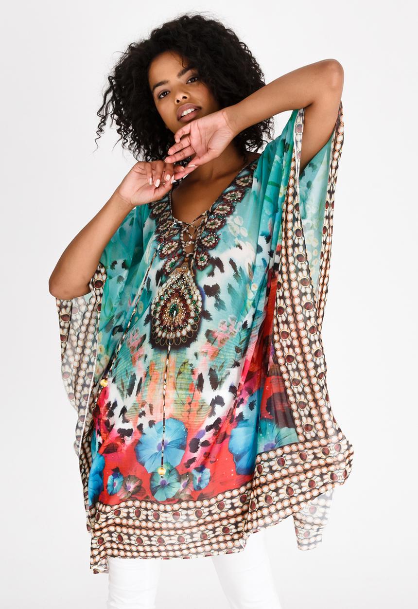 cath.nic - Printed Jewelled Kaftan Top Green
