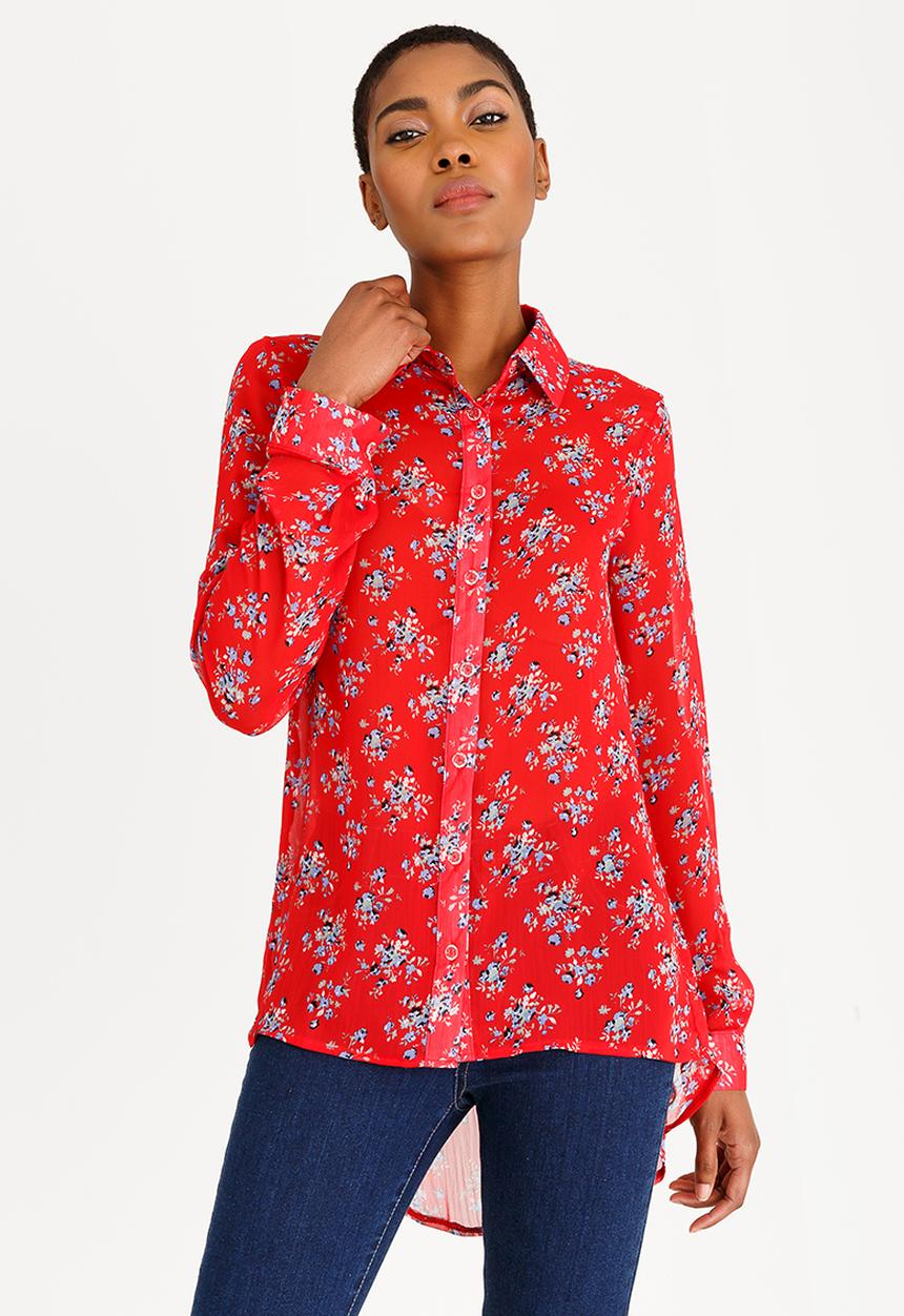 edit - Long Sleeve Button Down Blouse Red