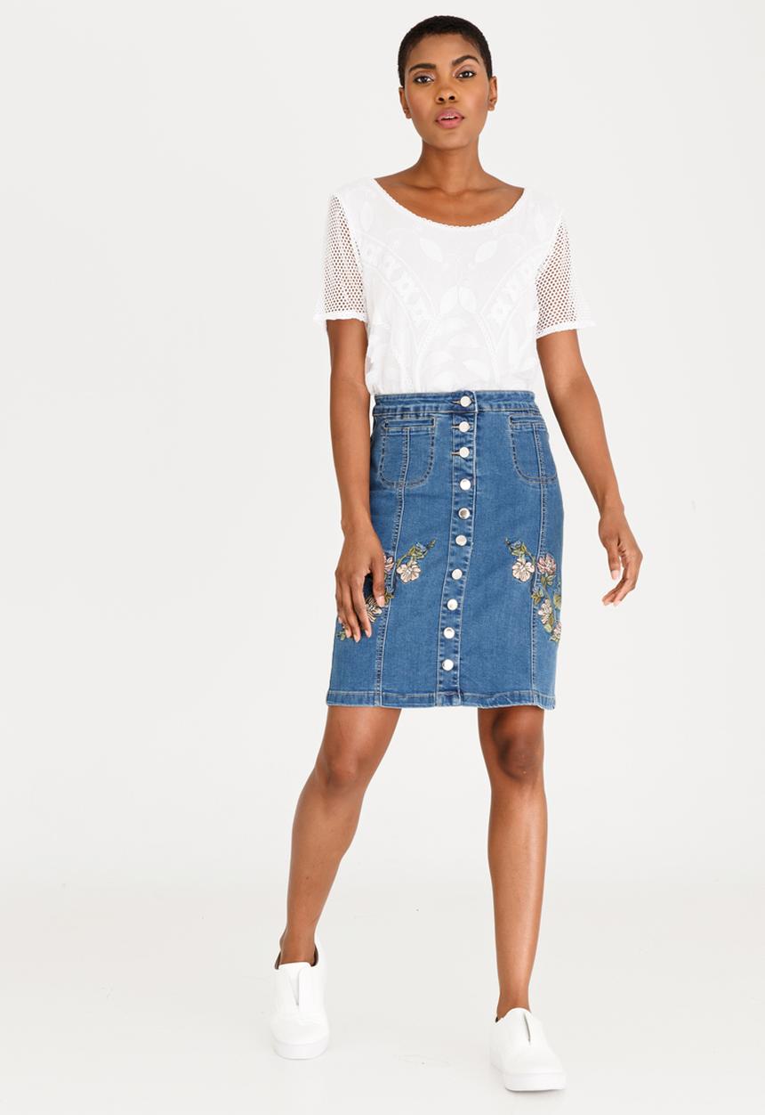 cath.nic - Embroidered Denim Skirt Blue