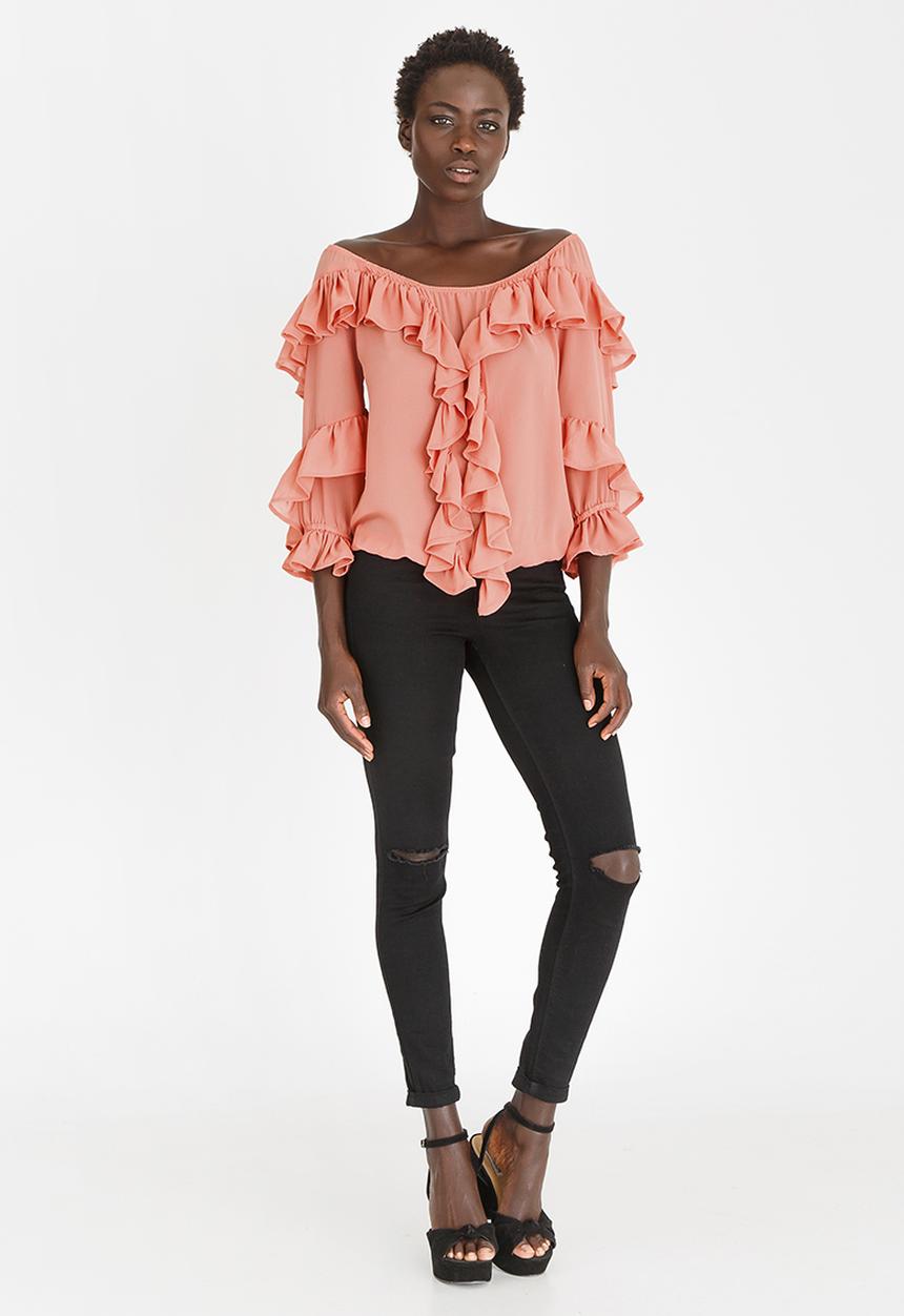 STYLE REPUBLIC - Off the Shoulder Frill Blouse Coral