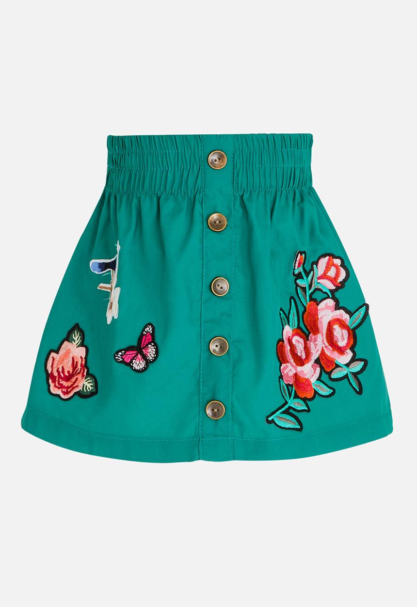 See-Saw - Button Through A-Line Skirt with Applique Green