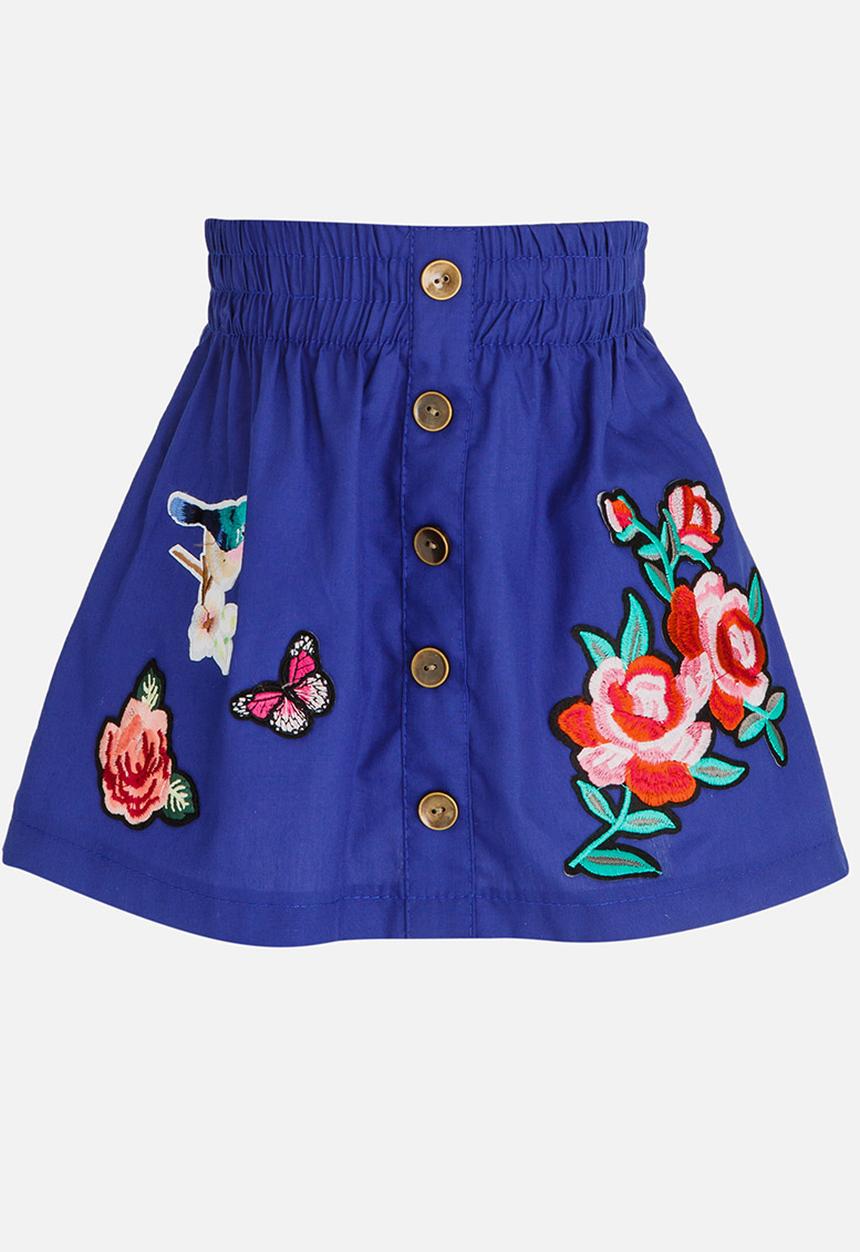 See-Saw - Button Through A-Line Skirt with Applique Navy