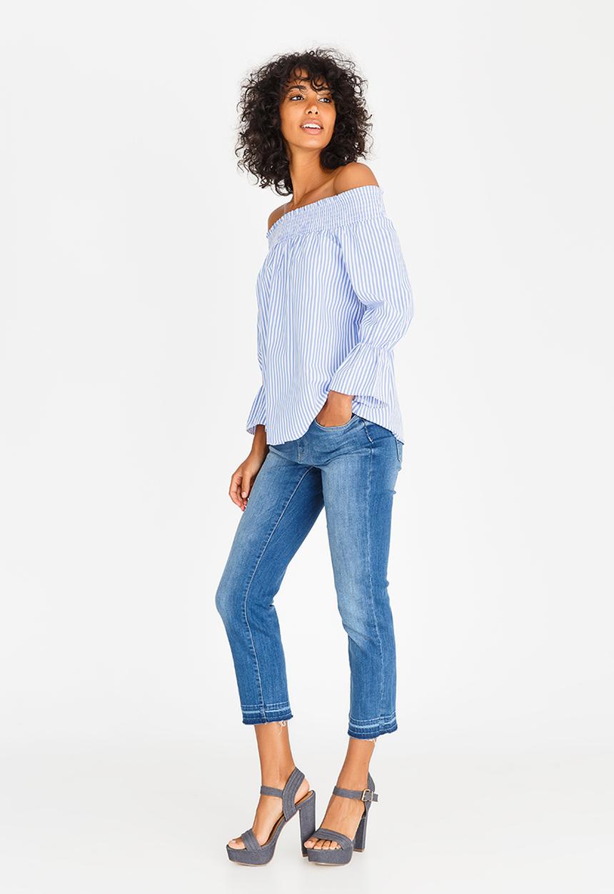 c(inch) - Striped Bardot Blouse Blue and White