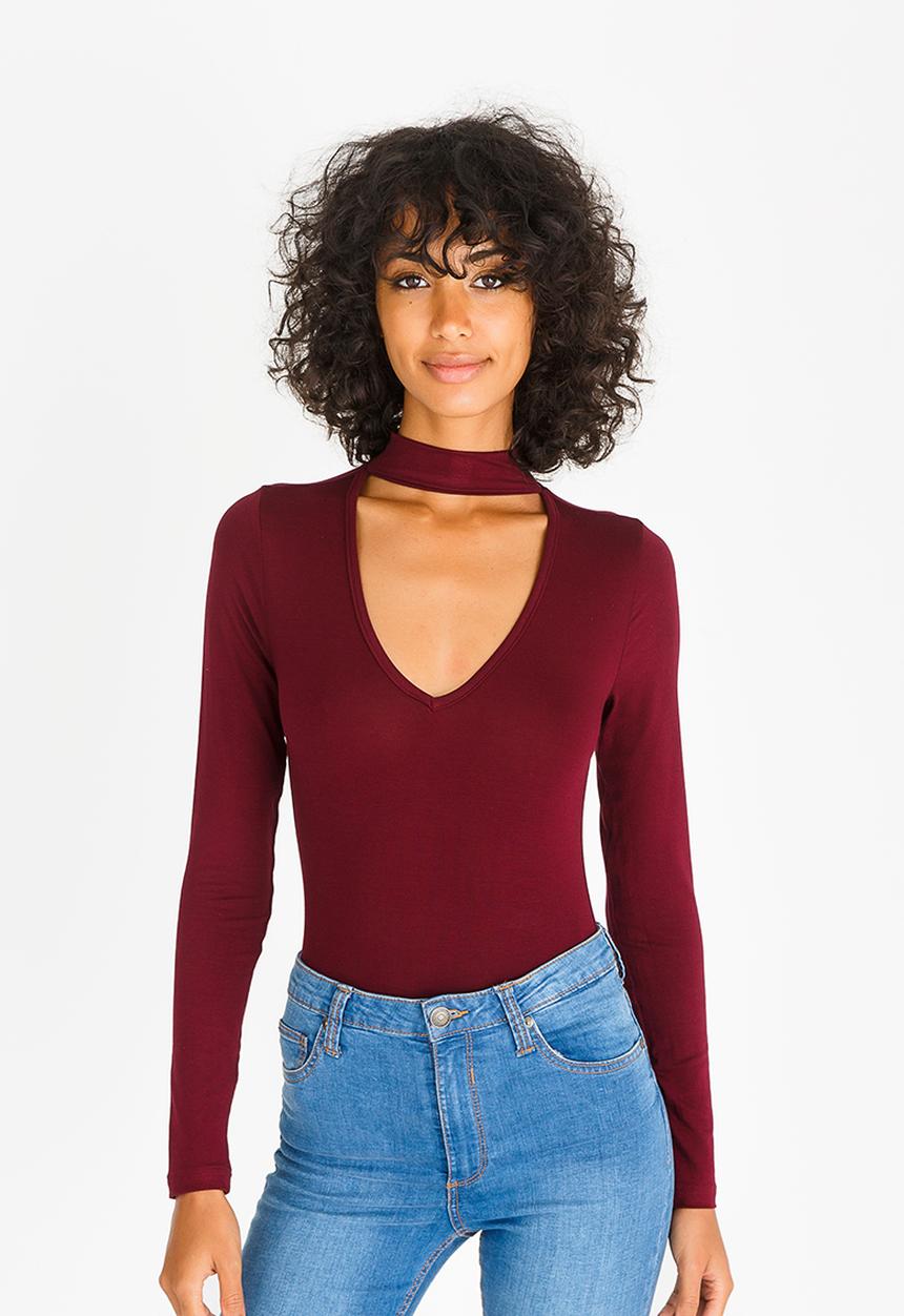 c(inch) - Choker Neckline Bodysuit Burgundy