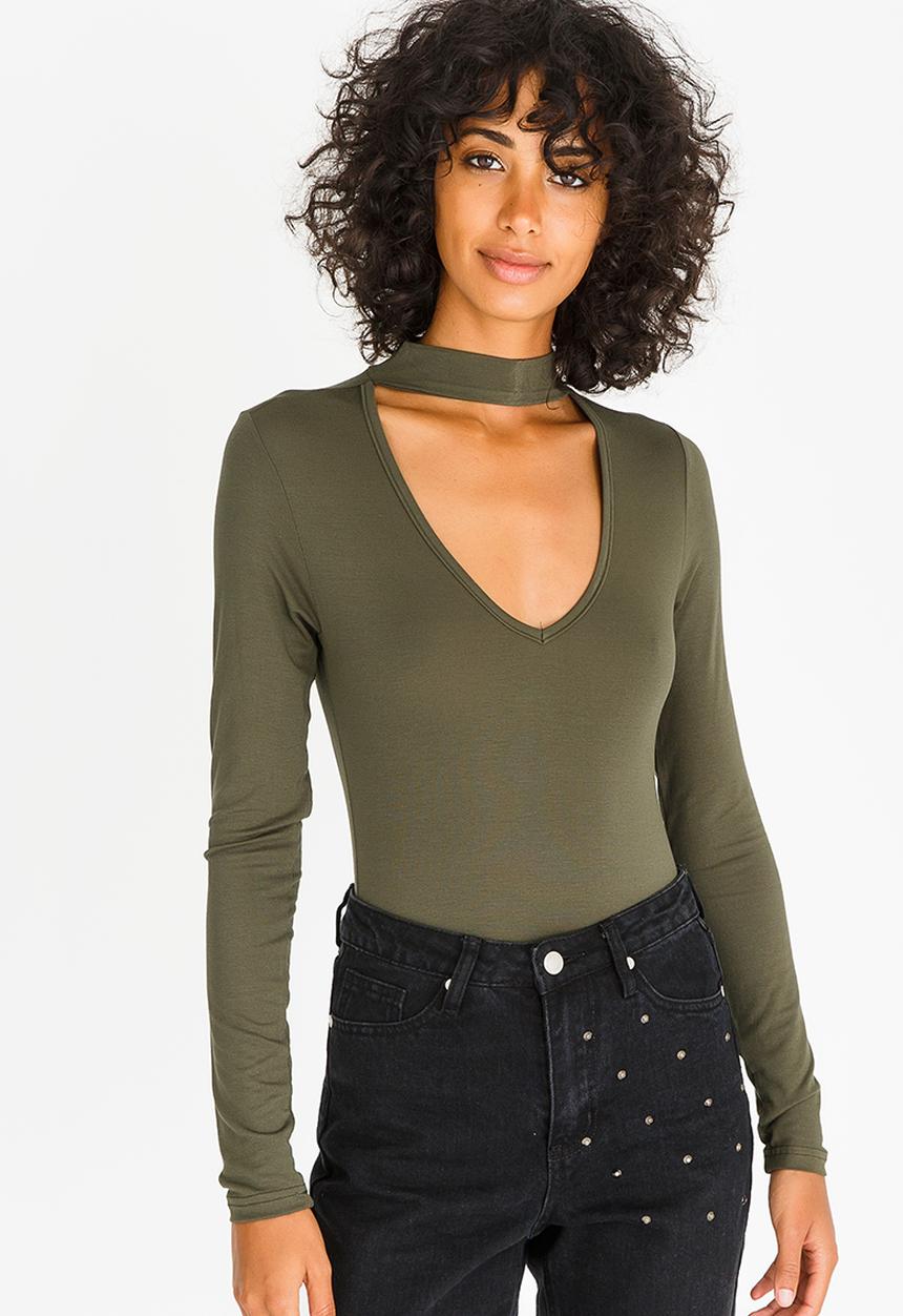 c(inch) - Choker Neckline Bodysuit Dark Green