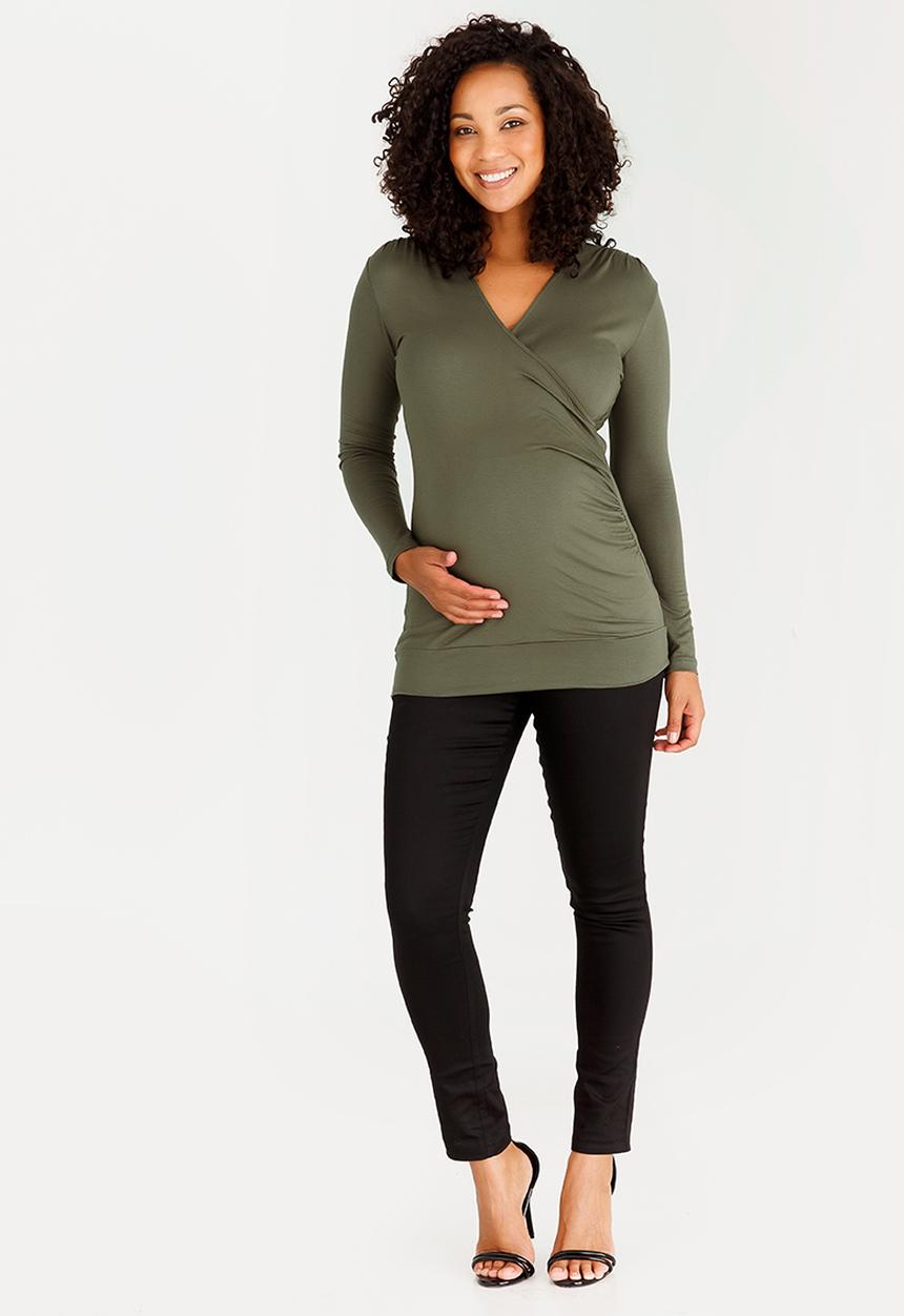 edit Maternity - Cross-Over Front Top with Gauging Detail Khaki Green