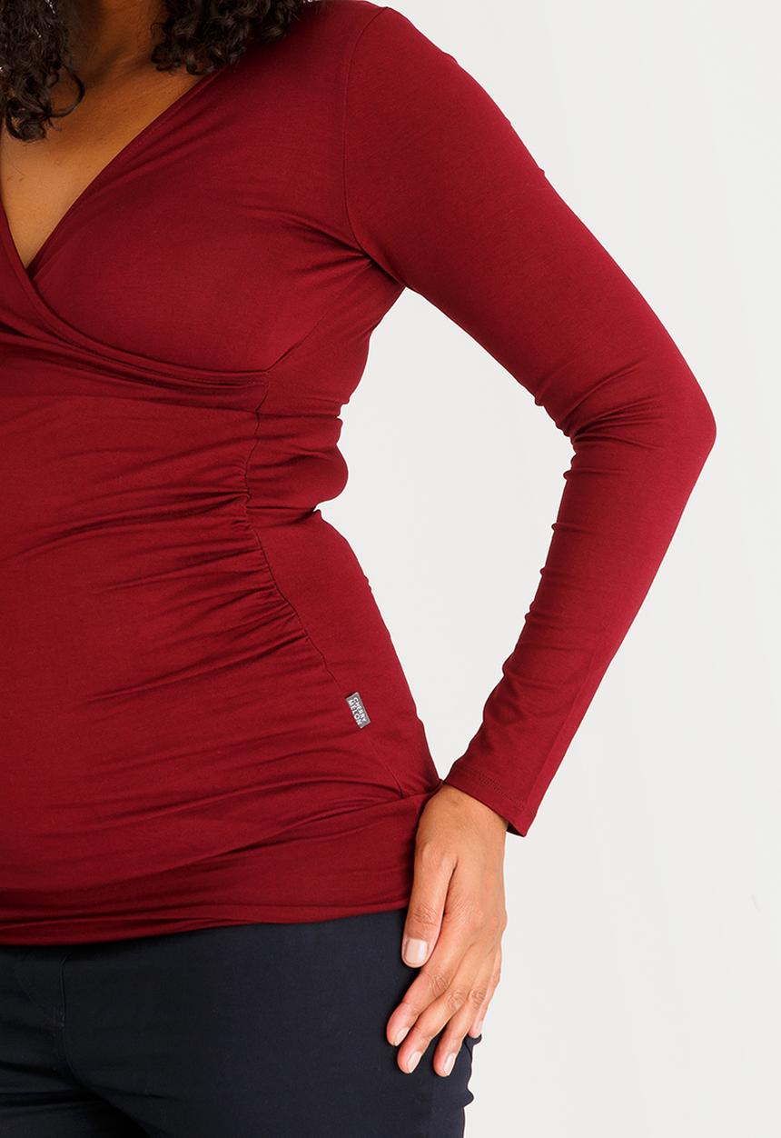 Cherry Melon - Longsleeve Gauged Wrap Top Burgundy